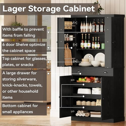 IRONCK Kitchen Pantry Cabinet 72" Height, Freestanding Cupboard with Drawer, Sliding Storage Rack, and 6 Hanging Shelves for Dining Room, Laundry, Living Room, Black - color: Black