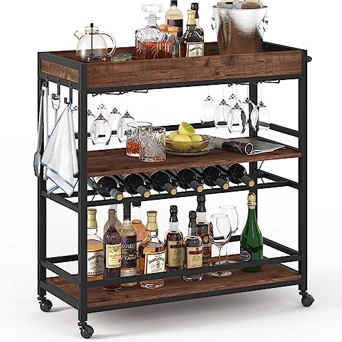 Bar Cart for The Home, Rolling Home Bar Serving Cart on Wheels, 3 Tier Liquor Beverage Carts with Wine Rack and Glass Holder (Rustic Oak) - color: Rustic Oak, size: 14.17"D x 37.01"W x 35.23"H