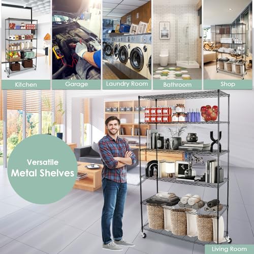 WDT 6 Tier Shelf Shelving Unit with Wheels,Adjustable Metal Shelves for Storage, NSF Black Wire Shelving Rack, 2100Lbs Capacity Heavy Duty Shelving Storage Shelves for Kitchen Garage,47" Dx17 Wx80 H - size: 6Tier 47"W x 17"D x 80"H