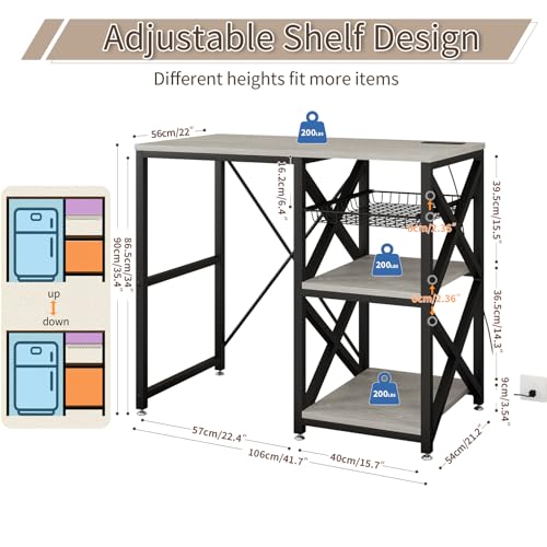 METYERRY Kitchen Bakers Rack with Power Outlet,Mini Fridge Cabinet with Mesh Basket, Mini Fridge and Microwave Table with Storage for Office,Kitchen,Living Room,Coffee Bar,Patio,Greige - color: Greige