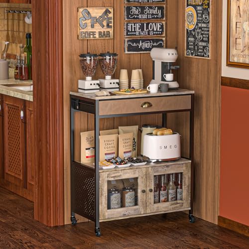 X-cosrack Large Coffee Bar Cabinet，3 Tiers Kitchen Coffee Cart with Drawer for The Home, Movable Farmhouse Station Table on Wheels for Living Room, Entryway, Dining Room, Kitchen