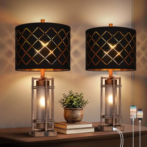 WIHTU Vintage Finish Table Lamp Set of 2 with USB Ports, Metal Desk Lamps | Black Grid Shade, Square Base, LED Bulbs Included E26 Base, with USB Port, Rocker Switch, Desk Lamps for Living Room, Bedroom - color: Vintage Finish