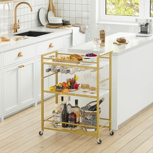 3 Tier Bar Cart, Small Beverage Cart, Mini Bar Cart with Wine Rack, Compact Mini Bar Cart - Please Refer to the Exact Dimensions for Usage Matching Dimensions: 22" W × 13" D × 35.8" H GBC507G - color: Gold, size: General