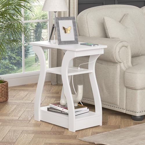 FROMJBEST End Tables Living Room, White End Table with Charging Station | Side Table Living Room, with USB Ports and Outlets, Nightstand for Bedroom, 3-Tier Storage Shelf, Bedside Table - color: White01