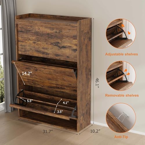 Garvee Shoe Cabinet with 3 Flip Drawers, Hidden Wood Shoe Cabinet,Freestanding Shoe Storage Cabinet with Adjustable Shelf for Entryway Hallwa, Living Room, Living Room, Brown - color: Rustic Brown