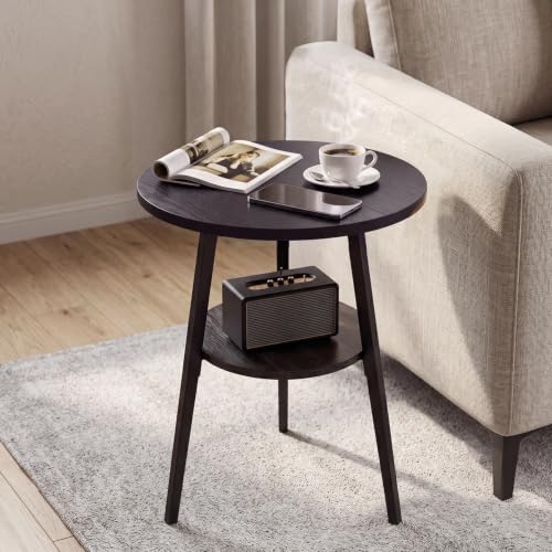 Small Round Side Table, End Tables Living Room, Black | 2-Tier Side Table with Storage Shelf for Small Spaces, Bedside Accent Table for Living Room, Bedroom, Metal Frame & Wood Top - color: Black Ash