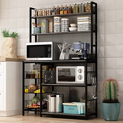 Kitchen Bakers Rack with Baskets,Free Standing Shelf,5-Tier Kitchen Utility Storage Shelf with Hooks, Microwave Oven Stand Rack Grey - color: Grey