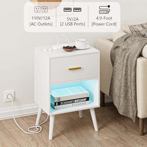 Aienvey Nightstand with Charging Station and LED Lights, White | Small Side Table, Bedside Table with Drawer, Modern Night Stand with Light/Power Strip, End Table for Bedroom, Living Room - color: White