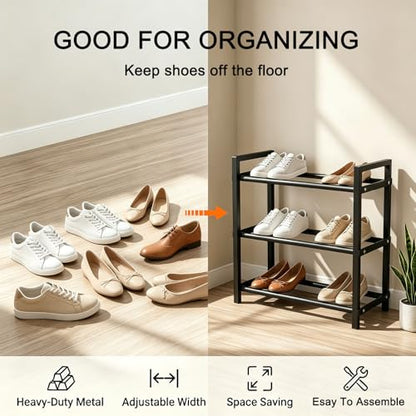 Expandable 3-Tier Metal Shoe Rack, Black Freestanding Storage Organizer | Telescopic, Adjustable, 60 lbs total load, Rust-proof metal, Quick Assembly for entryway closet Small Spaces - size: 3 Tier