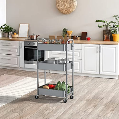 MAX Houser 3-Tier Rolling Utility Cart with Caster Wheels,Easy Assembly, for Kitchen, Bathroom (Silvery-Grey) - color: Silvery-grey, size: 3-Tier Standard Cart