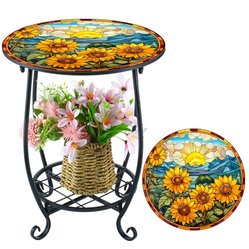 Cinnvoice Outdoor Side Table Round Small Mosaic Patio Accent Indoor End Plant Coffee Tea Table for Yard Patio Porch Garden Living Room, Bedroom(Sunflower Style,14 Inch) - size: 14 Inch, style: Sunflower Style