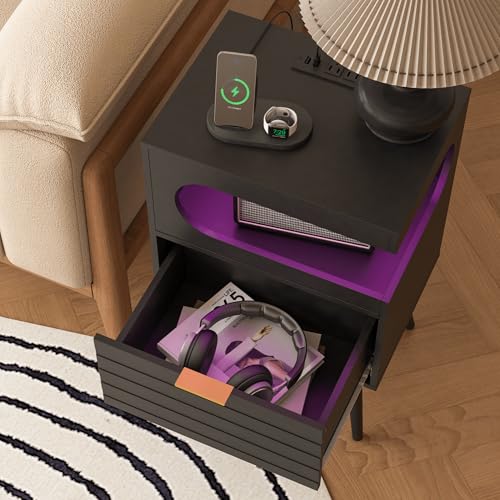 Veegle Nightstand,Modern Bedside Table with Storage Drawer and Open Wood Shelf, Accent Night Stand with Solid Wood Legs for Living Room, Bedroom and Small Spaces,Easy Assembly (Black-1) - color: Black-1