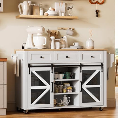 Kitchen Island with Storage, 55" Kitchen Cart with Charging Station, Rolling Kitchen Island Table with Drop-Leaf, 3 Drawers, Barn Doors, Towel Rack and Spice Rack, White and Natural - color: White + Natural