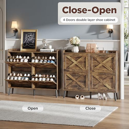 Maupvit Large Shoe Storage Cabinet with 4 Flip Drawers, Narrow Shoe Cabinet for Entryway with Wooden Legs, Freestanding Hidden Shoe Rack Organizer ＆ Metal Hinges, Rustic Brown - color: Rustic Brown, style: 4-Drawers