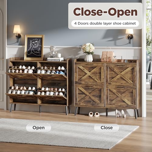 Maupvit Large Shoe Storage Cabinet with 4 Flip Drawers, Narrow Shoe Cabinet for Entryway with Wooden Legs, Freestanding Hidden Shoe Rack Organizer ＆ Metal Hinges, Rustic Brown - color: Rustic Brown, style: 4-Drawers