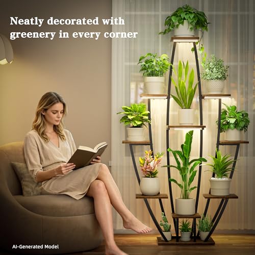 Plant Stand Indoor with Grow Lights - 10 Tiered Tall Plant Shelf Indoor | 59" Large Flower Holder, Corner Plant Rack, Metal Flower Stand with Lights, for Living Room Patio Garden Balcony Home