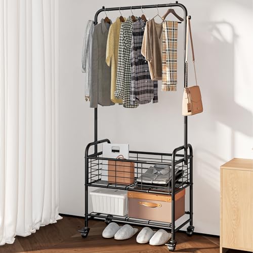SUOERNUO Laundry Cart with Hanging Rack Rolling Laundry Hamper Sorter with Wheels Shelf,Black - color: Black