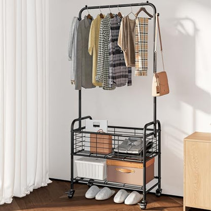 SUOERNUO Laundry Cart with Hanging Rack Rolling Laundry Hamper Sorter with Wheels Shelf,Black - color: Black