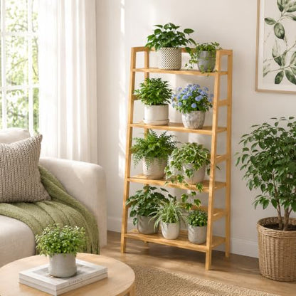 Bamboo Ladder Shelf, 4-Tier Wooden Ladder Bookshelf & Bookcase Organizer | 49.2” Freestanding Open Display Storage Shelves, Wood Plant Stand Rack for Small Space, Bathroom, Living Room, Bedroom - color: Natural