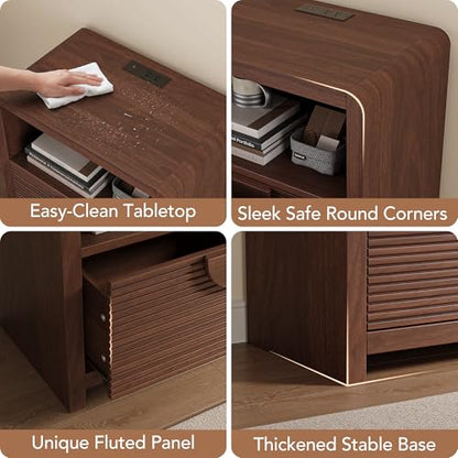 Fluted Nightstand with Charging Station, 23" Wide Wood Bedside Table with Drawer and Open Compartment, Mid Century End Table for Bedroom, Home Office, Walnut - color: Walnut, size: 1 pc