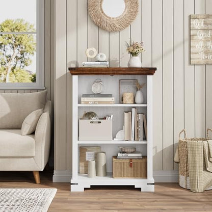 3-Tier Farmhouse Bookshelf, Book Shelf with Open Storage & One Adjustable Shelf, 9.8" D x 26" W x 38" H, Wooden Bookshelf for Study Room, Living Room, Kitchen, Bedroom (White) - color: White