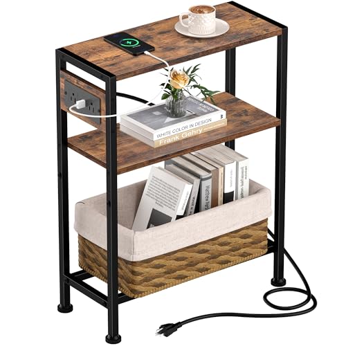 Small Narrow Side Table with Charging Station, Skinny End Table for Small Spaces, Slim Nightstand with Outlets, Sofa Bedside Table in Living Room, Bedroom, Study, Kitchen and Balcony (Rustic Brown) - color: Rustic Brown