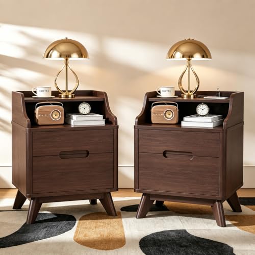 Nightstand Set of 2 with Charging Station, Bedside Table w/2 Drawers, Brown | Wood Night Stand with Hidden Handle, Open Shelf Top, Modern End Table for Bedroom Dorm Home Office - color: Brown, size: Wide (2 drawer)