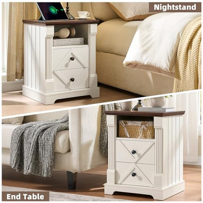 BuildHom 18" Farmhouse Nightstand Set of 2 with Charging Station,2 Interchangeable Drawers End Table, Roman Column Bedside Table with Open Shelf for Bedroom(Antique White) - color: Antique White - 2pcs