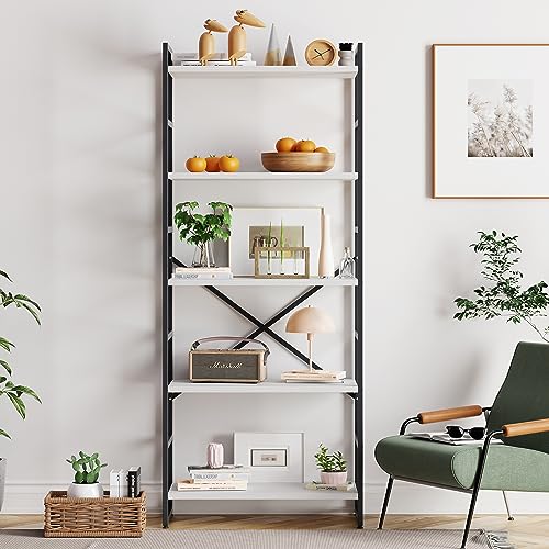 Vongrasig 5 Tier Bookshelf, Modern Tall Bookcase, Industrial Book Shelves Display Standing Shelf, Free Standing Storage Organizer for Bedroom, Living Room, White - color: White