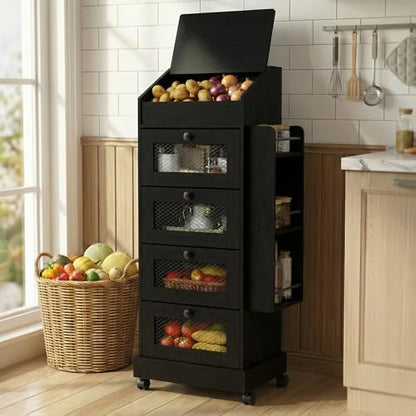 ARTETHYS Potato Storage Bin 5-Tier Rolling Black Bread Box with Side Rack | Onion Keeper with Spice Rack on Wheels, Movable Fruit & Vegetable Container with 4 Ventilated Drawers for Kitchen - color: Black