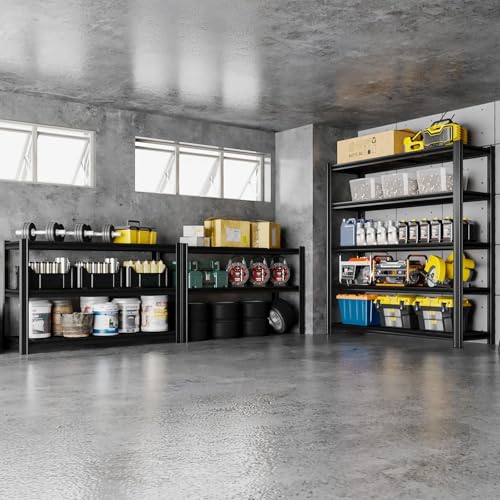5 Tier Metal Shelving Unit, Adjustable Storage Shelves, 84" H x 55" W x 24" D Heavy Duty Garage Shelves for Warehouse, Basement, Kitchen, Pantry, Living Room, Black (5T 84 * 55 * 24) - size: 5T 55" W x 24" D x 84" H