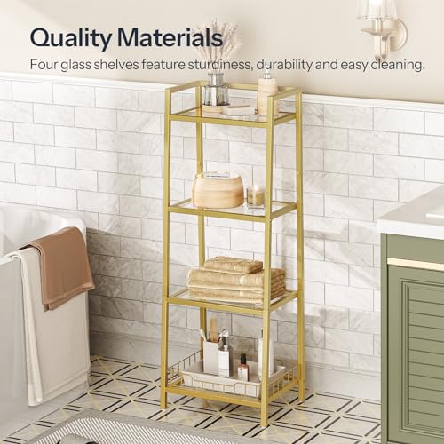 HOOBRO Gold Glass Shelf Stand, 4 Tier Standing Shelf Unit, Bathroom Organizer and Storage, Floor Storage Shelves Waterproof, for Bathroom, Laundry, Toilet, Tempered Glass, Gold GD79CJ01 - size: 15" L x 11.8" W x 42.1" H