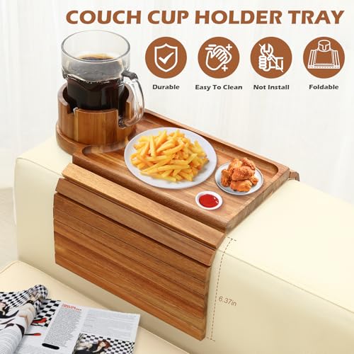 GHKINMAL Couch Cup Holder Tray, Acacia Wood Couch Armrest Table with 360° Ratated Phone Holder, 18.99" Flodable Anti-Slip Sofa Armrest Tray Tables for Snacks Remote Storage - color: Acacia Wood