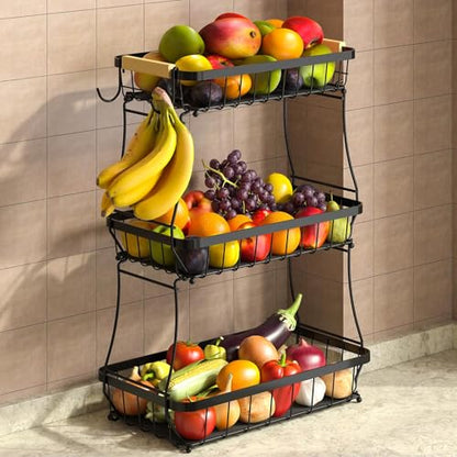 Sevenblue 3-Tier Fruit Basket with Banana Hangers, Detachable Metal Bowl | Wooden handle, protective mats included. Versatile holder for bread, snacks, and veggies. Large 3 tier metal design. - color: Black, size: 3 Tier Standard