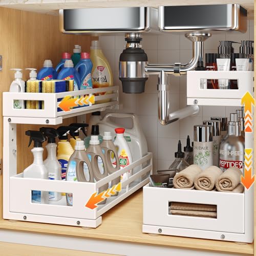 2-Pack 17"Deep Under Sink Organizer And Storage, 2-Tier L-Shaped Pull Out Cabinet Organizer with Upgraded Slide Rails, Height Adjustable Drawers for Kitchen&Bathroom, Extra-Large Storage Shelves–White - color: White, size: 2 Pack-17"Dx11.4"-16.34"H