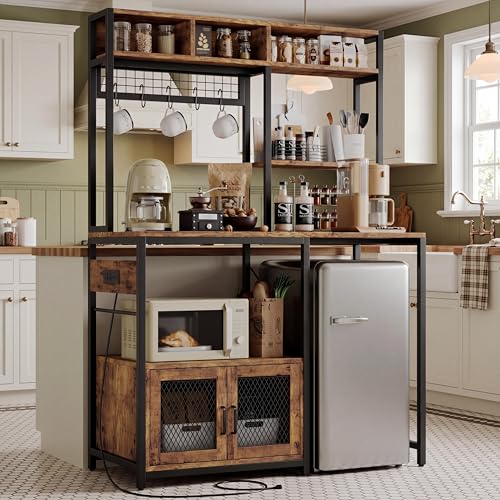 Garvee Microwave Stand with Fridge Stand Space, Industrial Kitchen Shelf with Power Outlet, Freestanding Kitchen Storage for Pantry Living Room, 47.2 x 19.7 x 68.1 Inches, Rustic Brown
