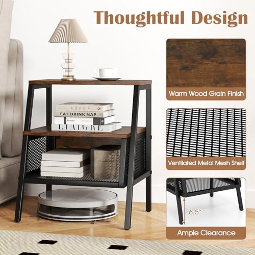 KOMFOTT Industrial Nightstand, 3-Tier End Table with 2 Open Shelves & Metal Mesh Compartment, Bedside Table with Heavy-Duty Metal Frame for Bedroom, Small Spaces, Rustic Brown (1)