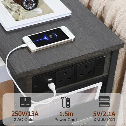 AMHANCIBLE C Shaped End Table with Charging Station, Couch Side Tables that Slide Under Sofa with Storage Bag, Slim TV Tray with USB Ports for Living Room, Bedroom, Dark Grey HET04CDG - color: Dark Grey