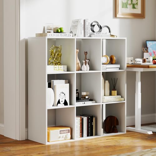 9 Cube Storage Organizer, Floor Standing Bookcase with Open Compartments, Wooden Display Rack for Living Room, Bedroom, Study, White Bookshelf with Open Back (1, 9 Cubes) - size: 9 Cubes
