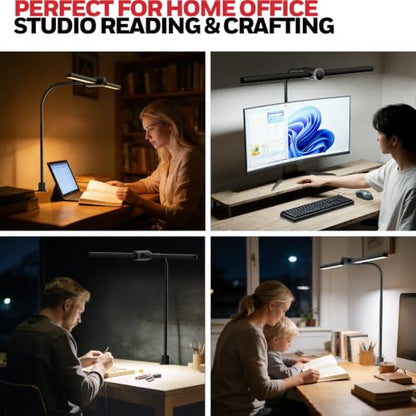 Honeywell HJ4 Desk Lamp with Clamp, Sunturalux™ Desk Lamps for Home Office | Dual-head Black LED clamp desk lamp with flexible gooseneck, stepless dimming, 4 color temps, CRI 94, RG0 eye care. - color: Black