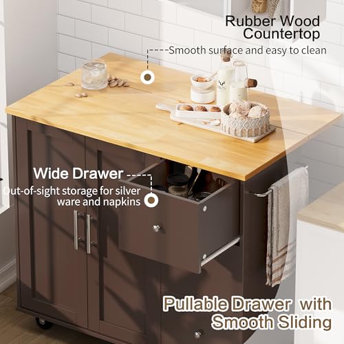 SUNLEI Kitchen Island with Storage Cabinet, Rolling Kitchen Table with Foldable Drop Leaf, Kitchen Island Cart on Wheels with Handle for Towel, Portable Islands for Kitchen (Brown, 39.7-INCH) - size: 39.7 INCH, style: Brown