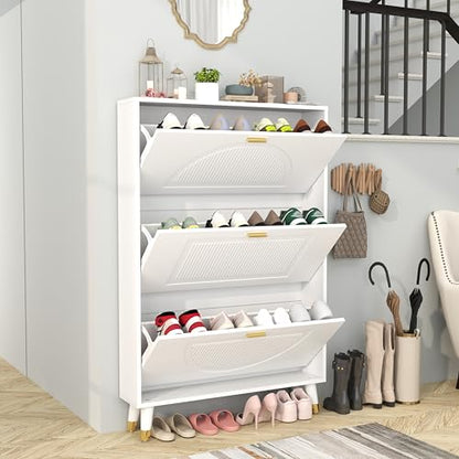 White Shoe Storage Cabinet: 32" Ultra Thin Small Shoe Cabinet for Entryway, Modern Slim and Narrow Hidden Shoes Rack Organizer with Doors and 3 Flip Drawer (1 Piece, 32") - size: 32"