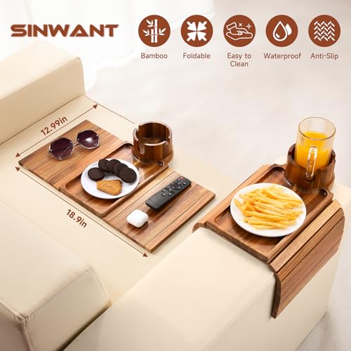 Couch Cup Holder Tray,Acacia Wood Sofa Arm Clip on Tray Table with 360° Rotation Cup Holder,Foldable Anti-Slip Couch Armrest Table for Coffee Mug,Water Bottles,Snacks,Remote on Large Armrest - color: Acacia Wood