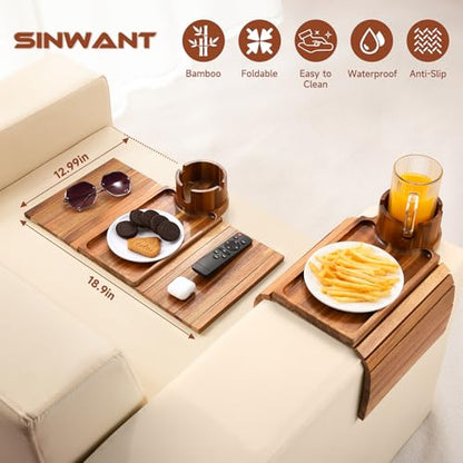 Couch Cup Holder Tray,Acacia Wood Sofa Arm Clip on Tray Table with 360° Rotation Cup Holder,Foldable Anti-Slip Couch Armrest Table for Coffee Mug,Water Bottles,Snacks,Remote on Large Armrest - color: Acacia Wood