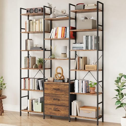 AFLUI Triple Bookshelf with 3 Fabric Drawers, 6-Tier Book Shelf and 10 Display Shelves, Industrial Large Bookcase for Home & Office, Rustic Brown, 47'' Wide - color: Rustic Brown, size: 6 Tier(47" W)