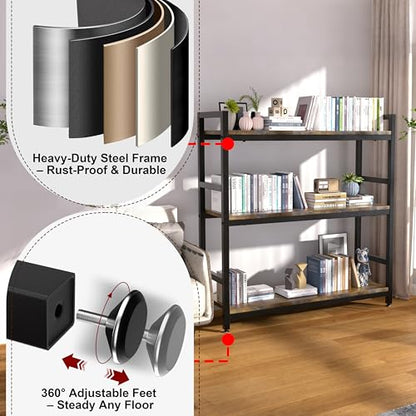 3-Tier Industrial Bookshelf，36" x 12" x 36" | Wood and metal frame, 360° adjustablefeet, waterproof, scratch-resistant, easy assembly, for home/office, 100lbs/tier.