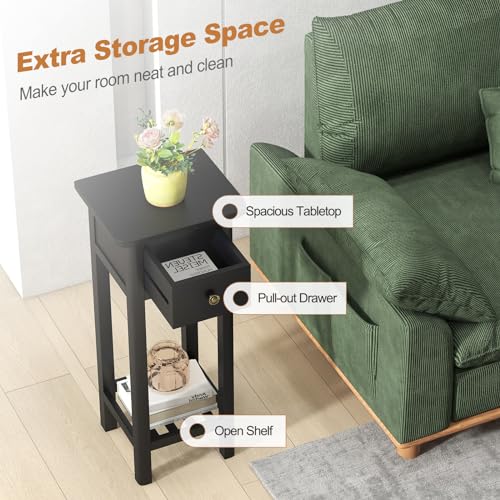 Tangkula 2-Tier Narrow Side Table with Drawer, Acacia Wood Tall End Table for Small Spaces, Farmhouse Slim Bedside Table with Open Shelf, Nightstand for Living Room, Bedroom, No Assembly (2, Black) - color: Black