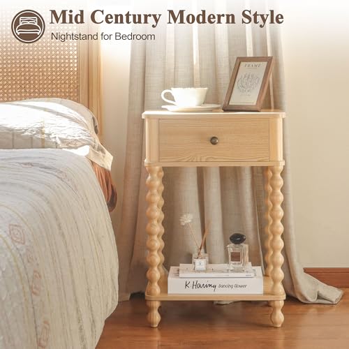 AWASEN Night Stand, Small End Table with Storage for Living Room, Farmhouse Bedside Side Table with Spindle Wood Legs for Bedroom, Office, Natural - color: Natural