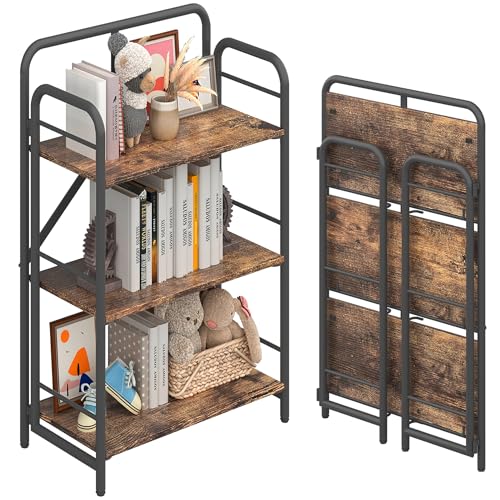 4NM No Assembly Folding Bookshelf, 3 Tiers Collapsible Book Shelves Open Industrial Foldable Storage Bookcase Shelf for Bedroom, Living Room, Home Office - Rustic Brown and Black - color: Rustic Brown and Black, size: 3 Tiers