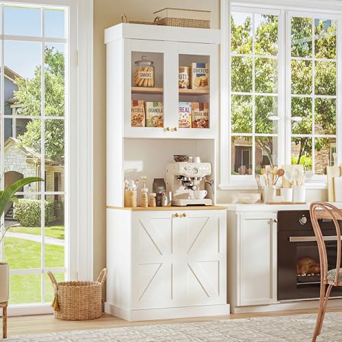 ivaniti 71" Tall Farmhouse Kitchen Pantry, Large Storage Cabinet with Glass Doors, Freestanding Coffee Bar Hutch with Microwave Stand, Adjustable Shelves for Kitchen and Living Room, White - color: White, size: A